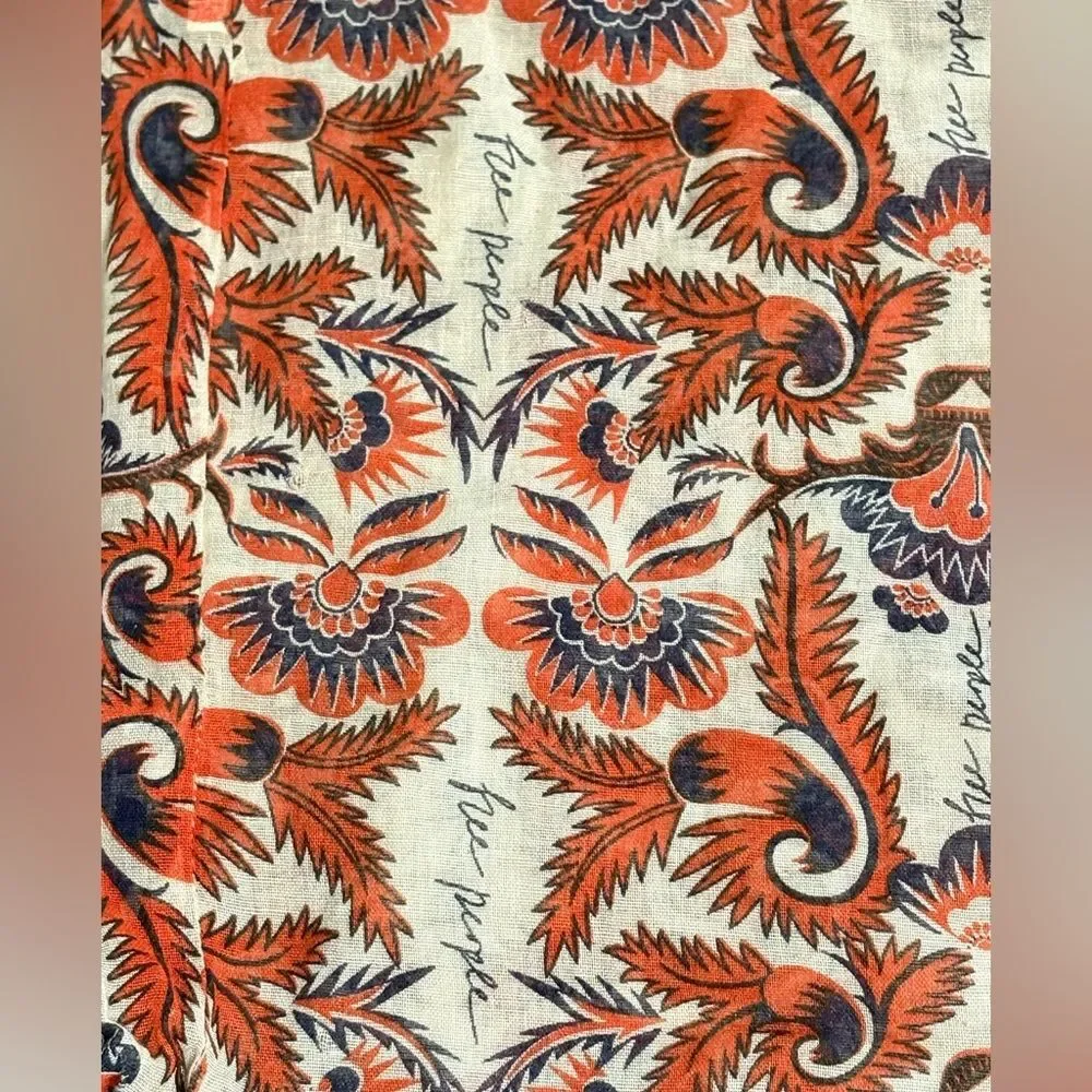 Free People Paisley Linen Orange Navy Blue Lightweight Hobo Slouch Bag Boho
